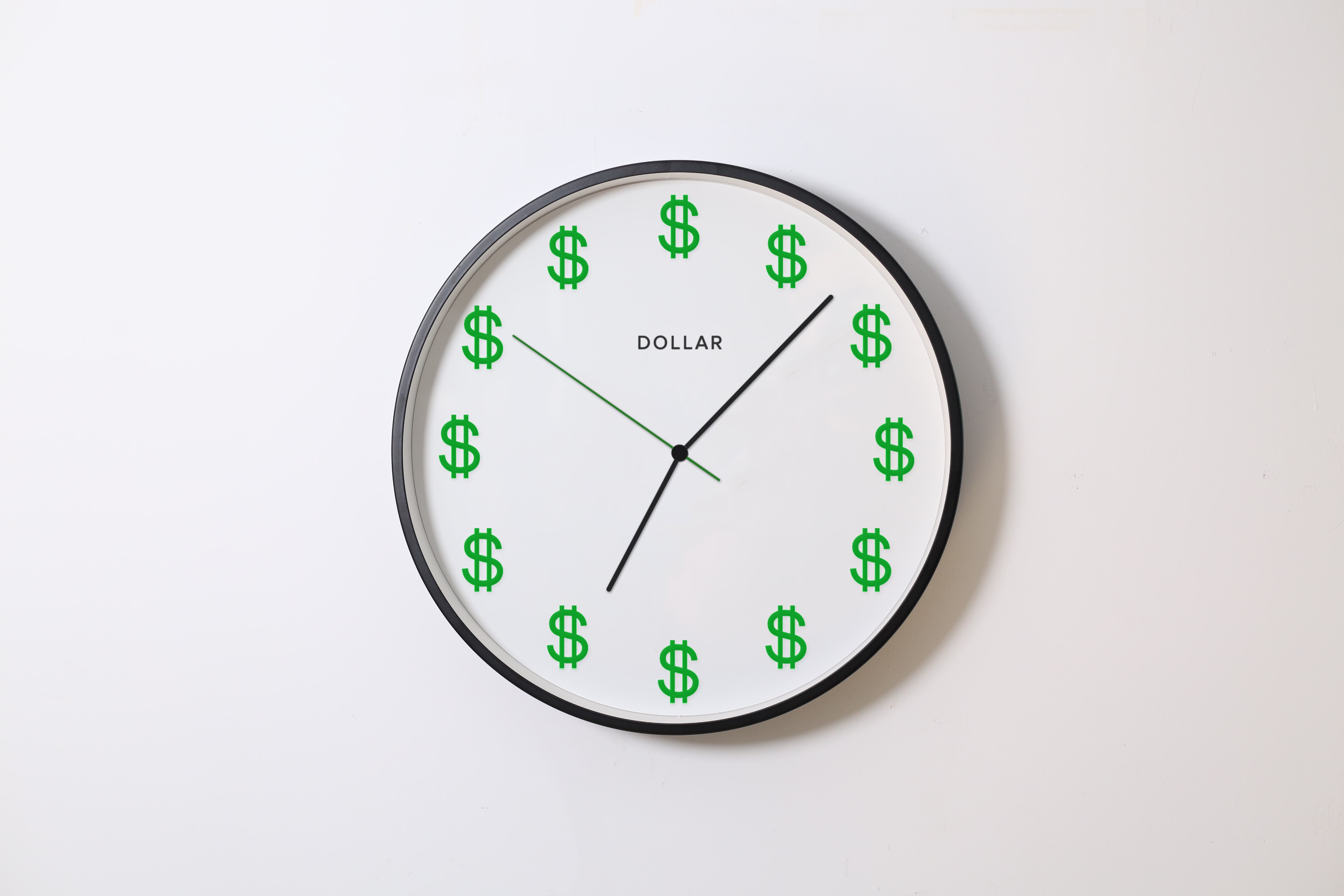 A clock face where the center is replaced by a dollar symbol, representing time is money.