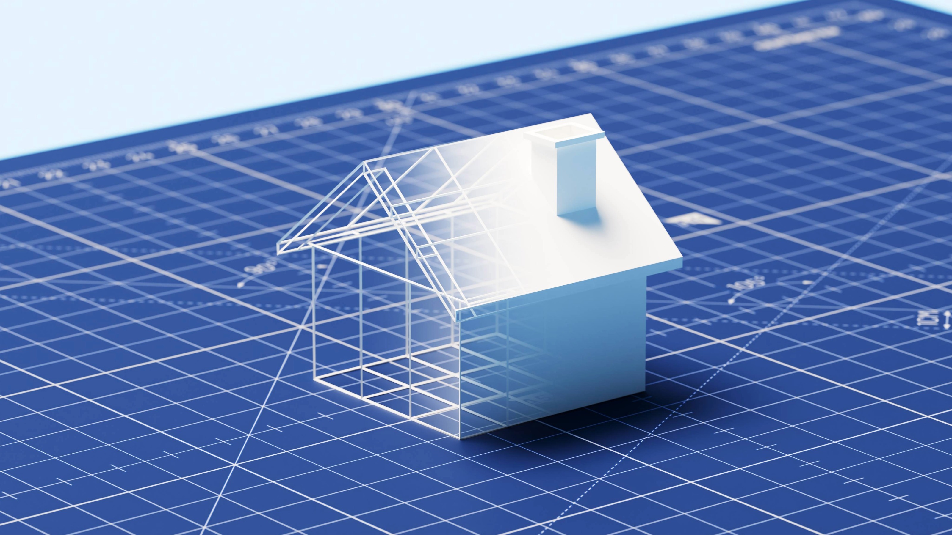 A 3D architectural house model sitting atop professional blueprint development plans.