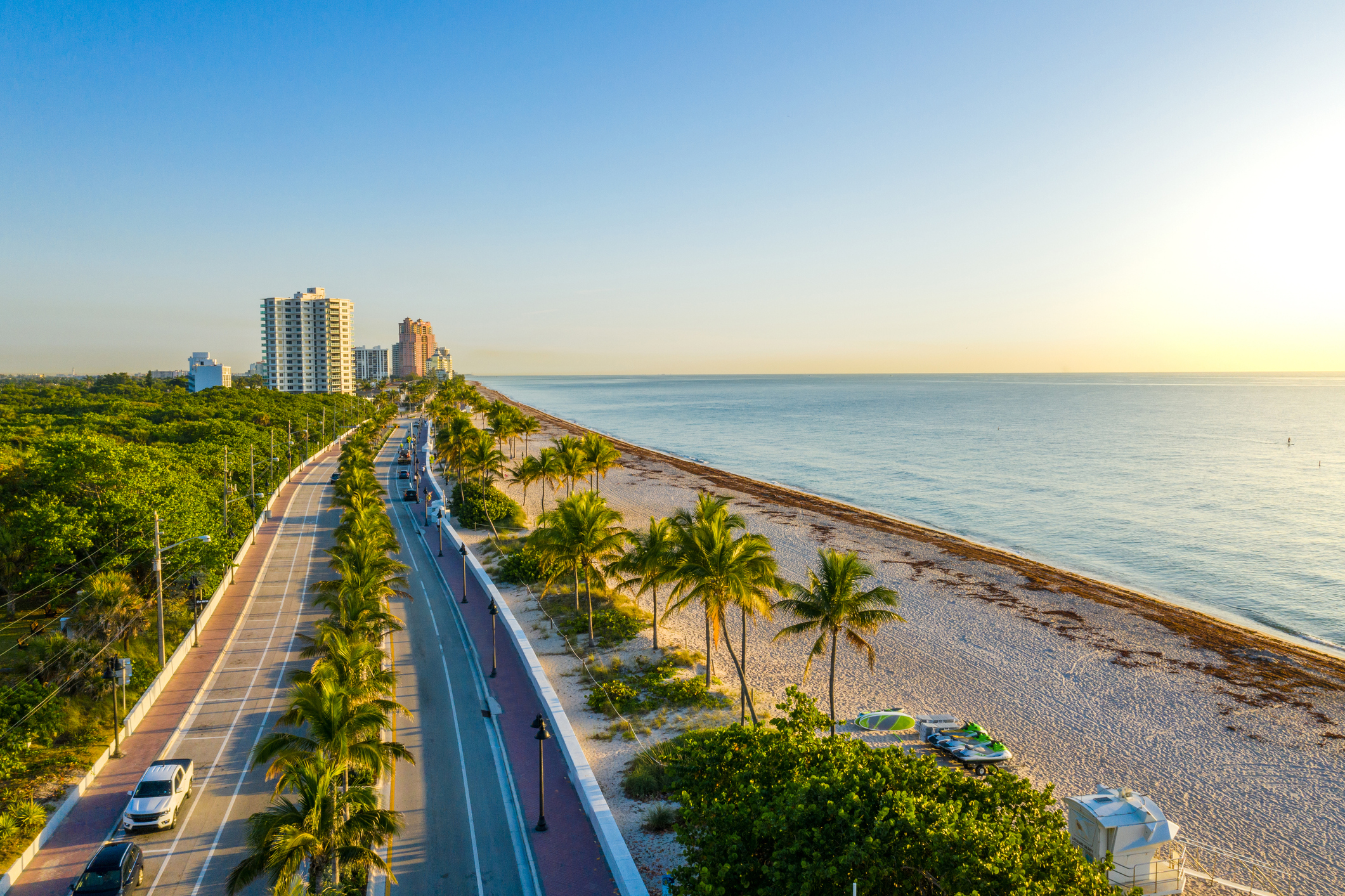 Aerial drone shot of the Miami coastline featuring palm trees and a beach road.