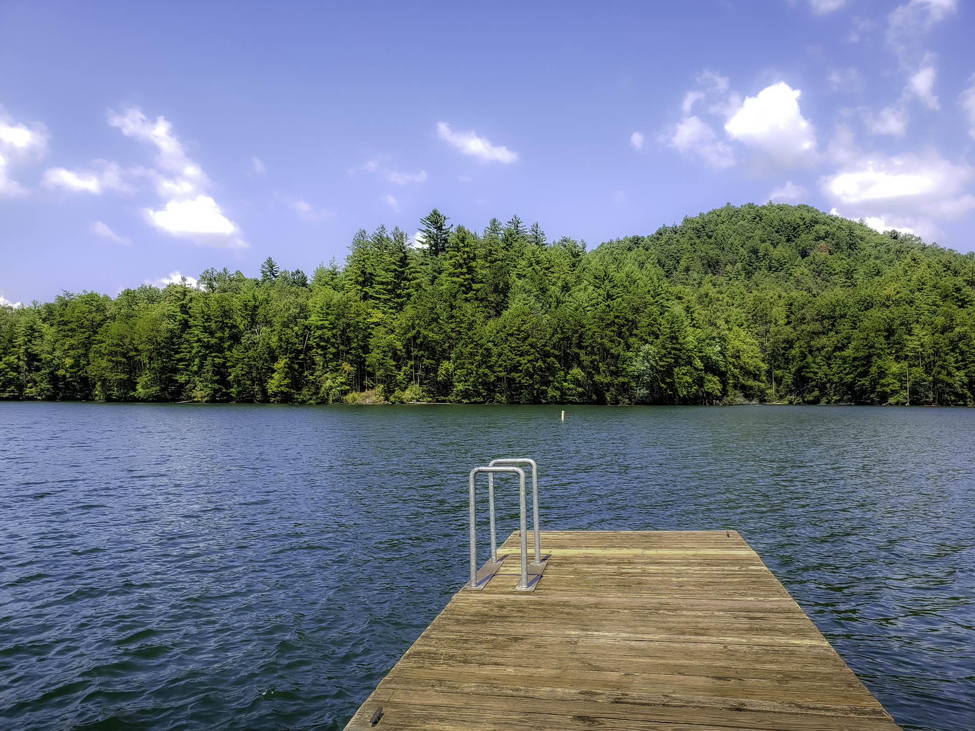 A view of the Nantahala National Forest with water in the foreground during summer.