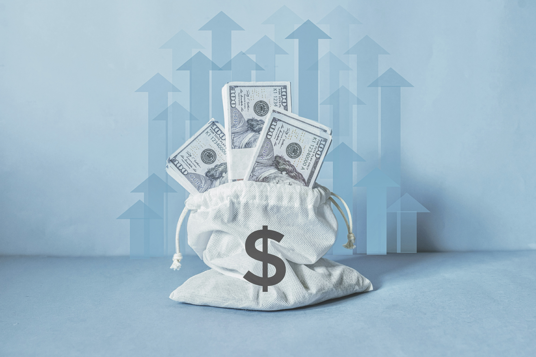 A close-up of a cloth bag filled with US dollar bills.