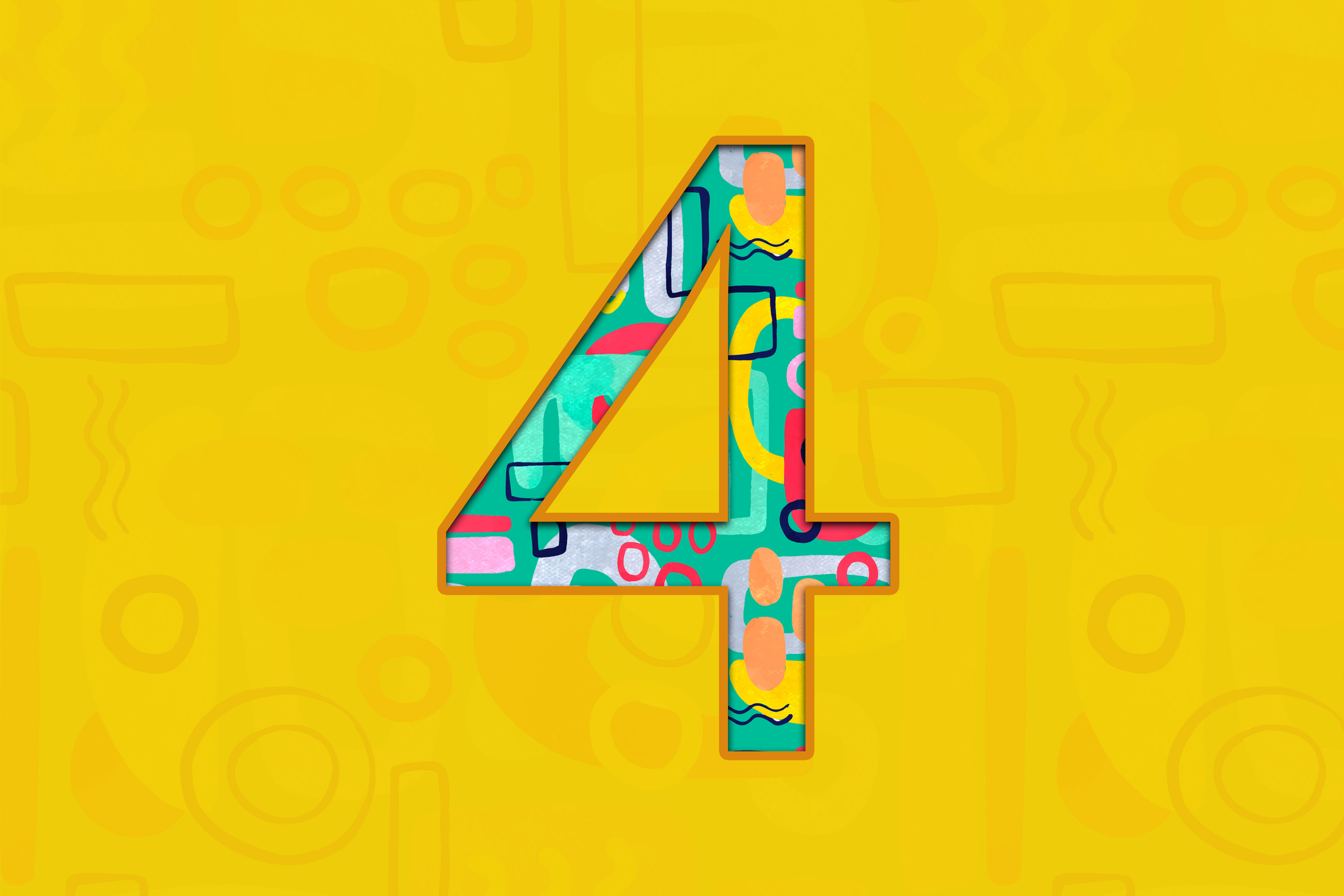 An abstract representation of the number 4 on a vibrant yellow background.