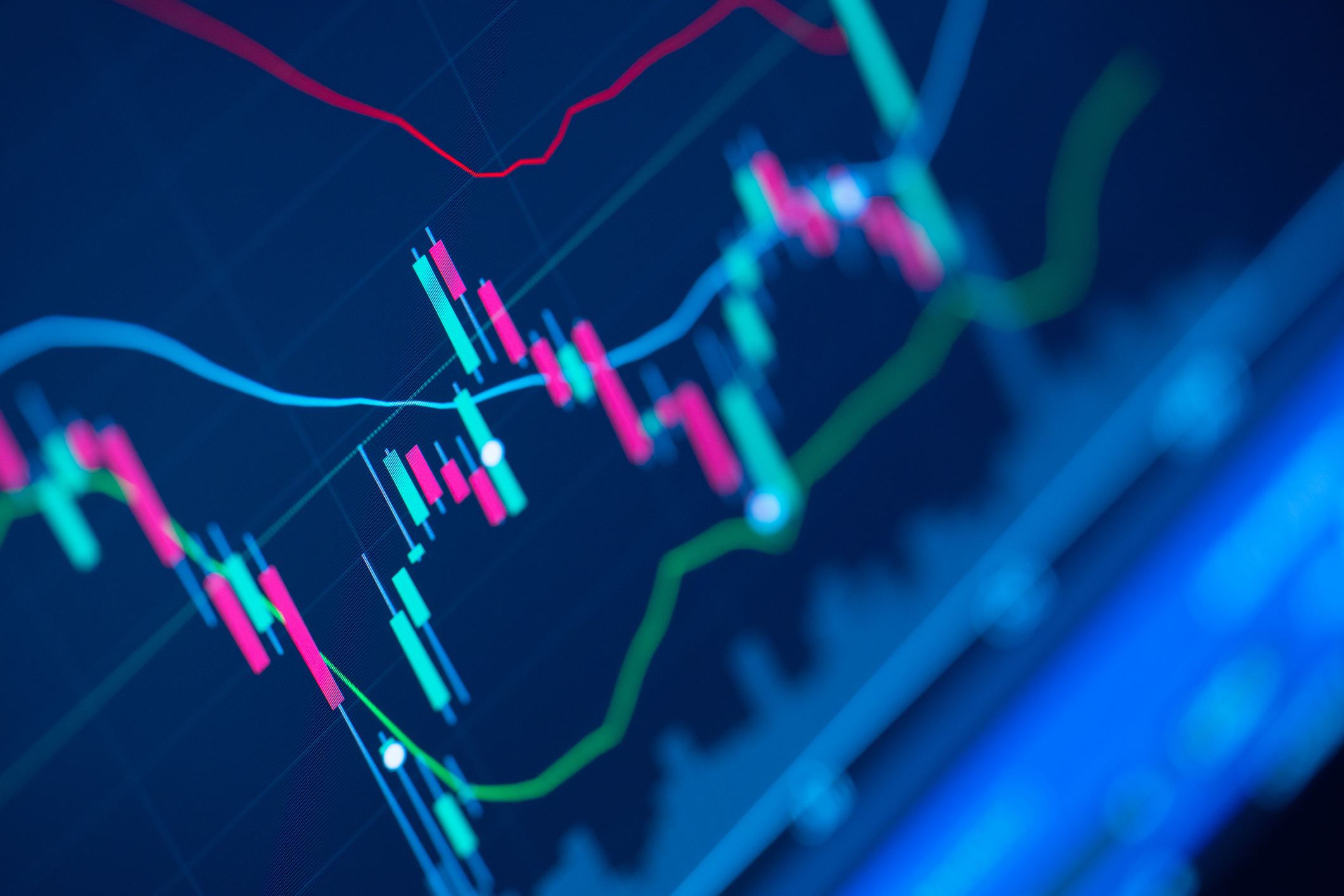 Close-up of a blue financial chart with green upward-trending moving averages and volume bars.