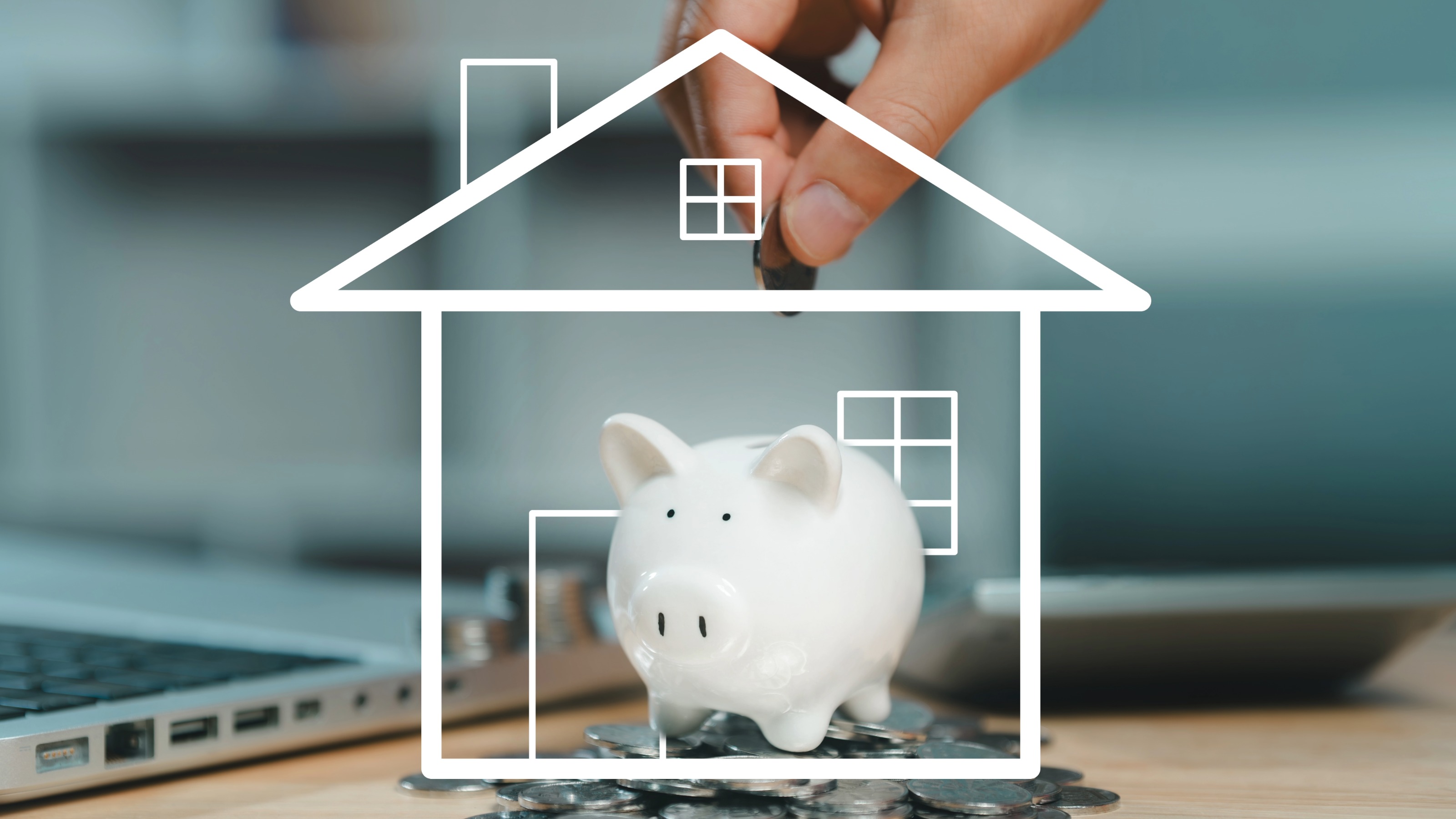 A piggy bank inside a house outline receiving a coin, representing financial growth through home equity.