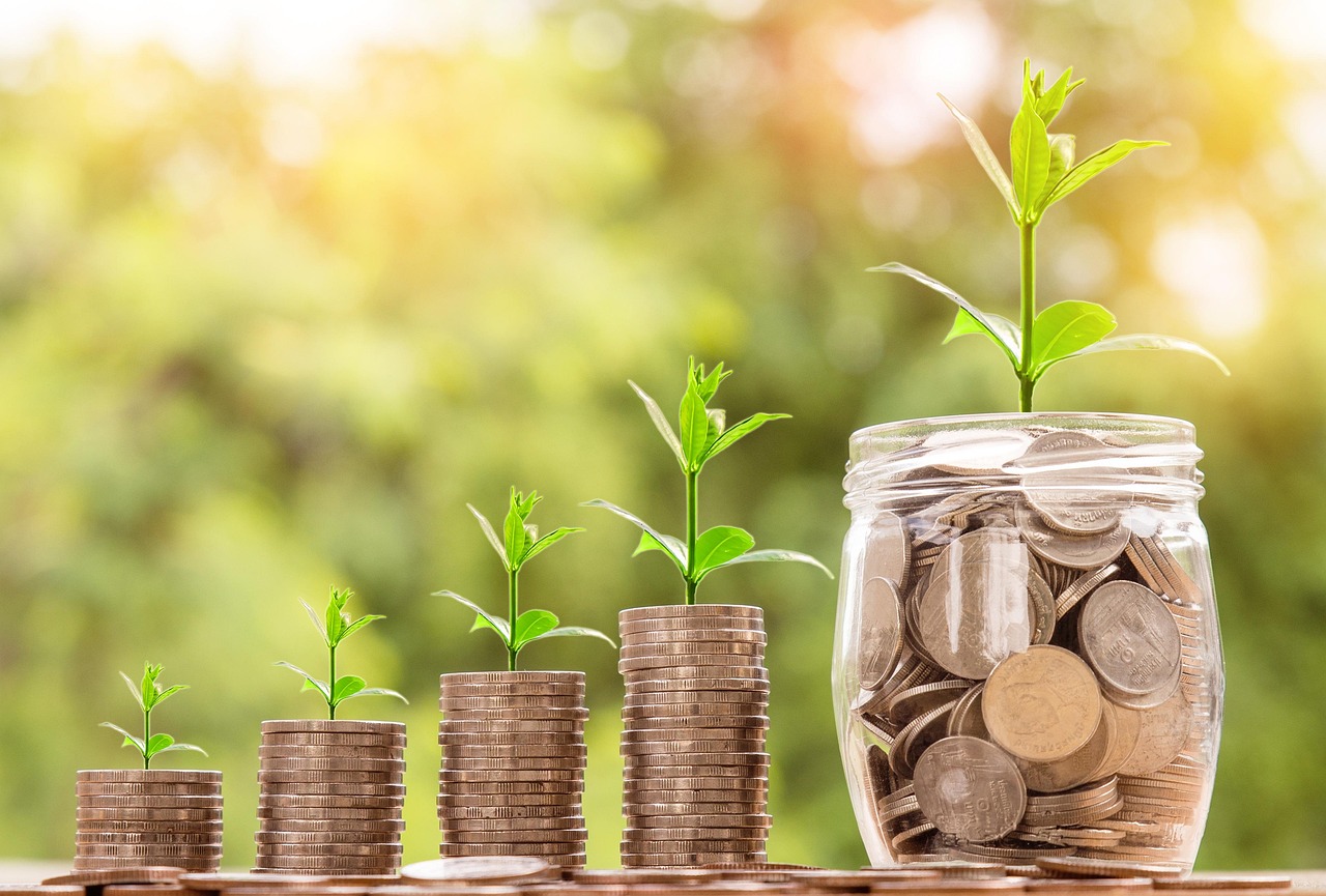 A small plant growing out of a stack of coins representing retirement savings growth.
