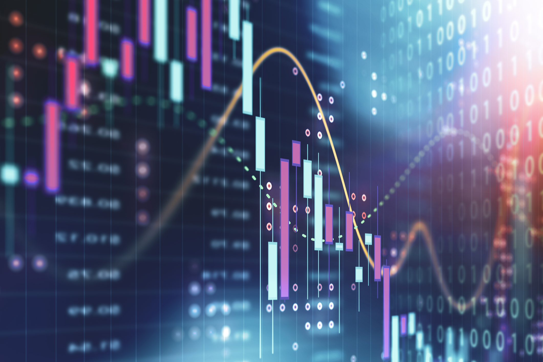 A bar chart with purple and teal columns representing financial growth metrics and earnings guidance.