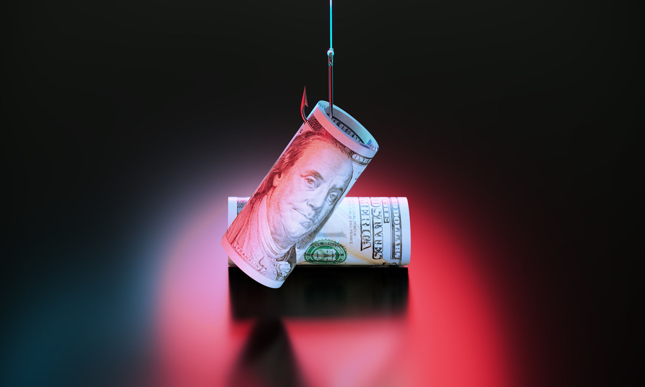 Two rolled-up hundred-dollar bills caught on a sharp fishing hook under a red warning light.