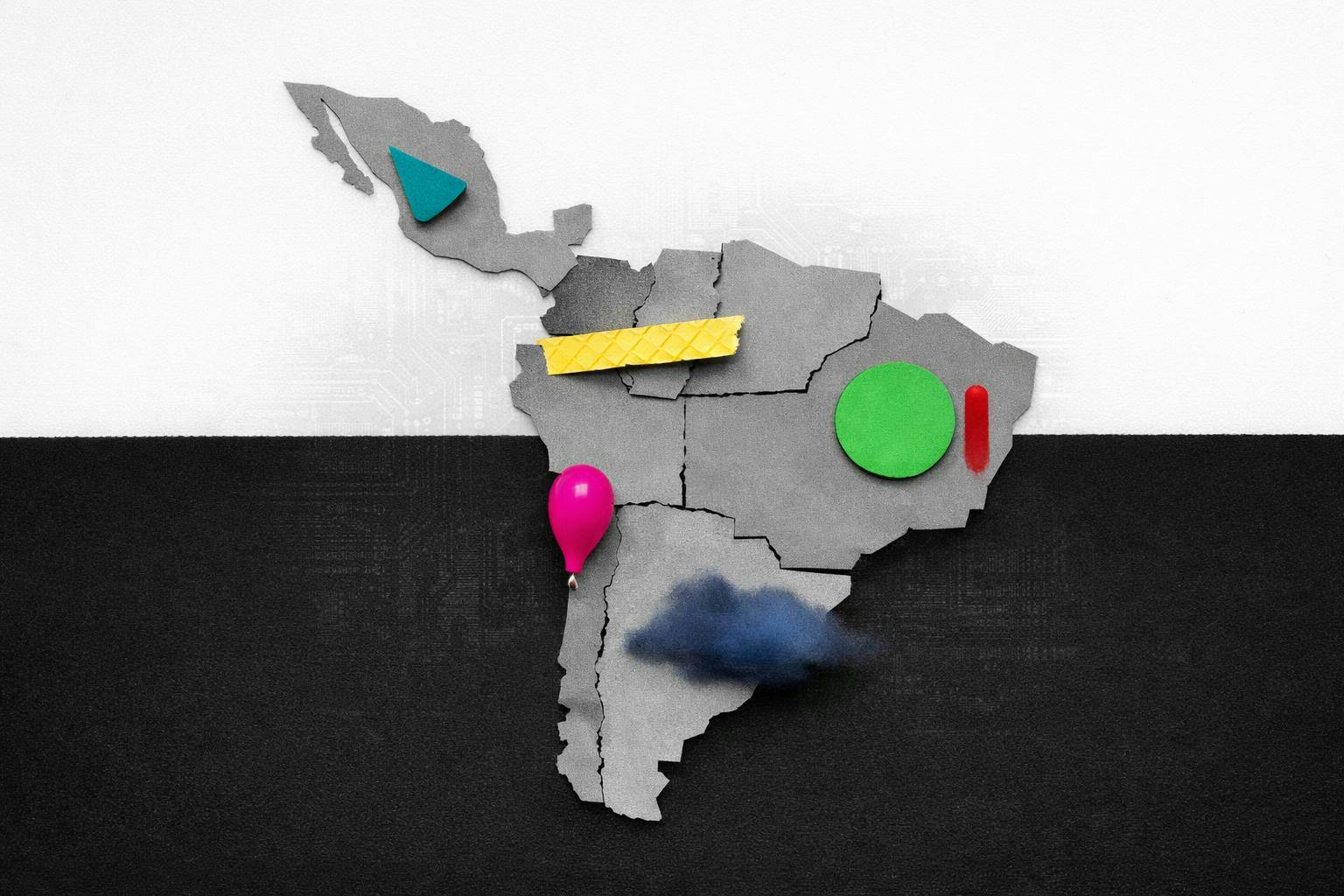 A financial graph showing diverging trend lines for different Latin American stock markets against a backdrop of tech sector volatility.