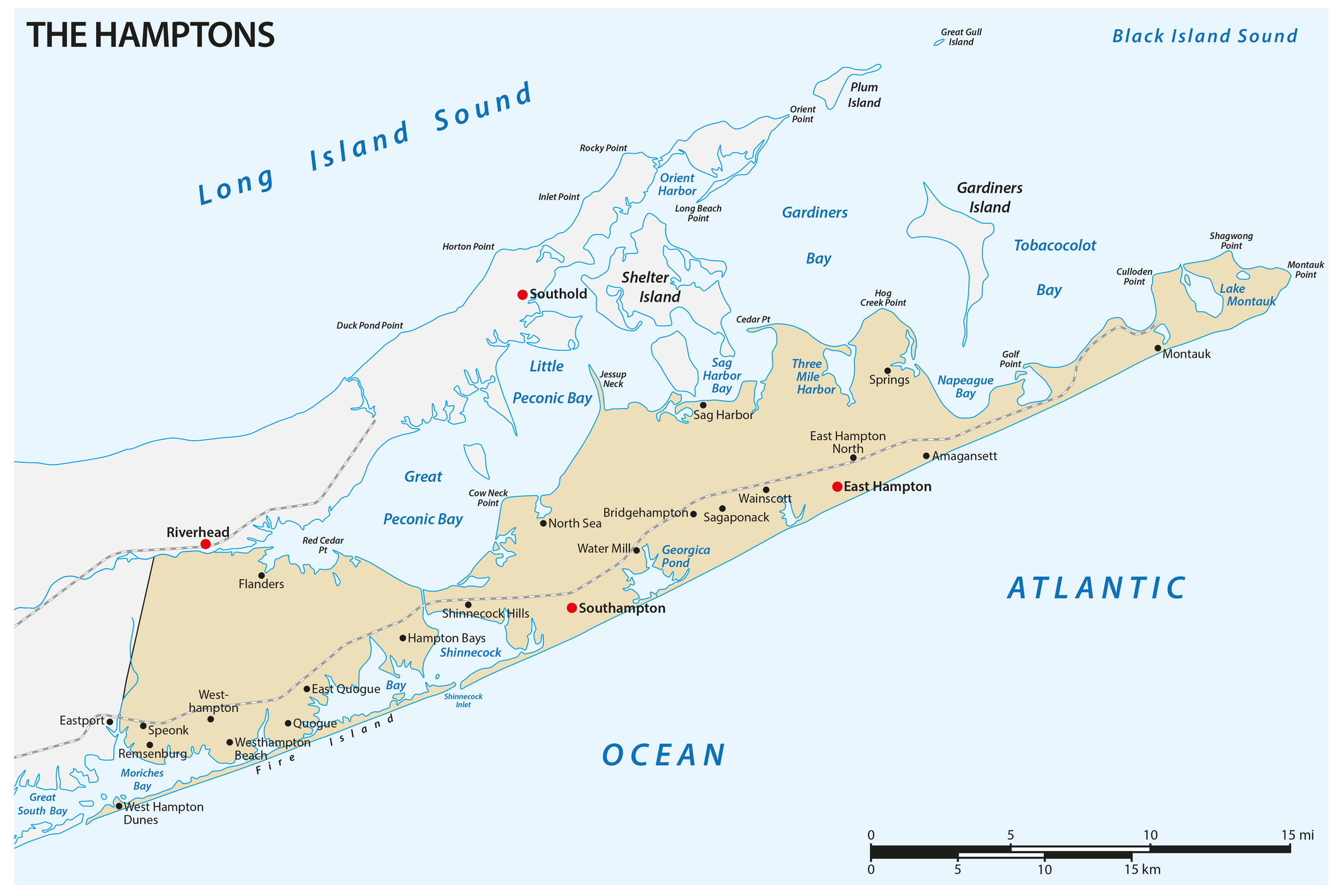 A detailed map of the Hamptons villages and waterways.