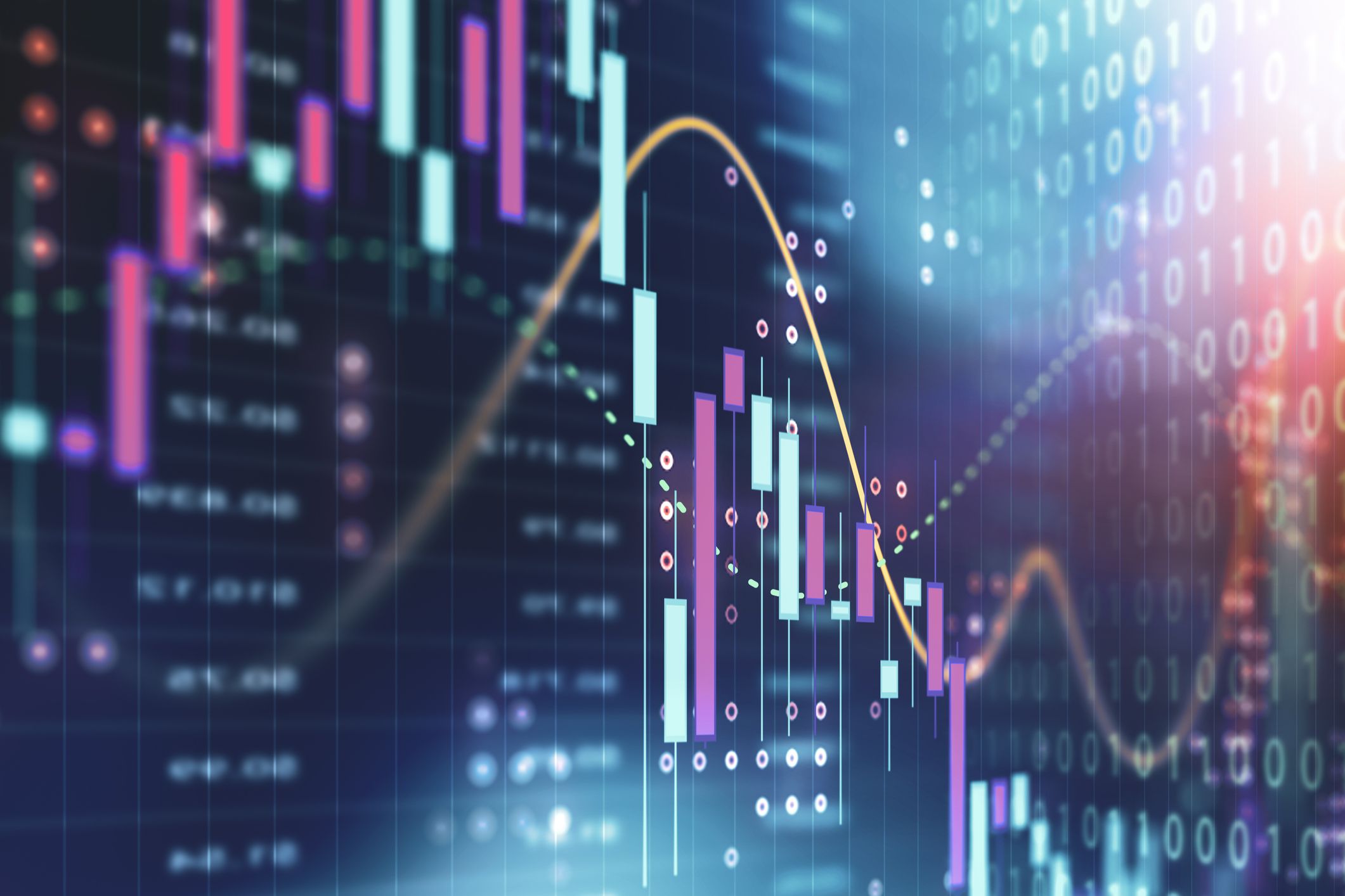 Stock market ticker displaying red downward arrows and falling prices for major indices.