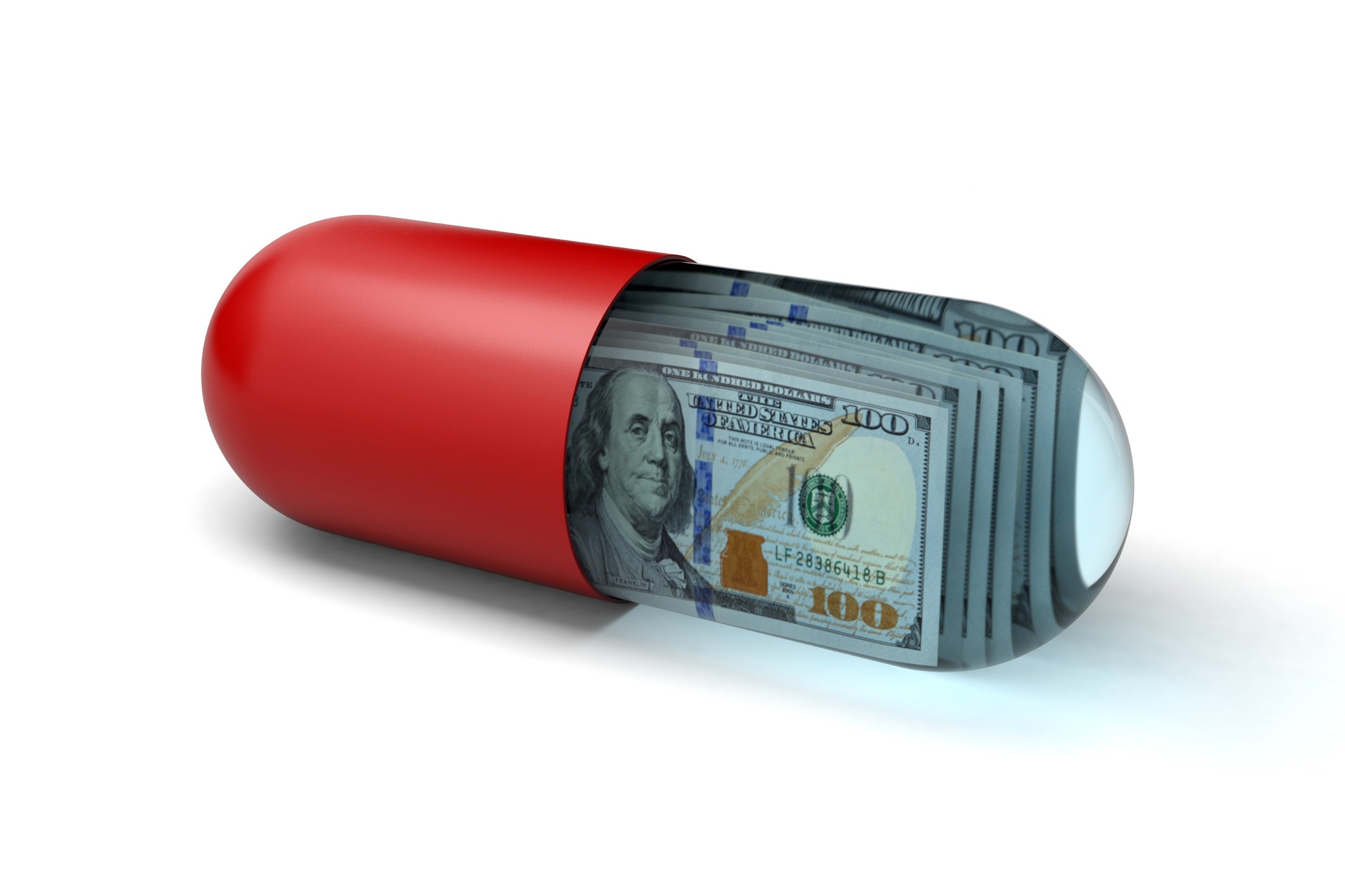 A conceptual image of a prescription pill capsule filled with one hundred dollar bills.