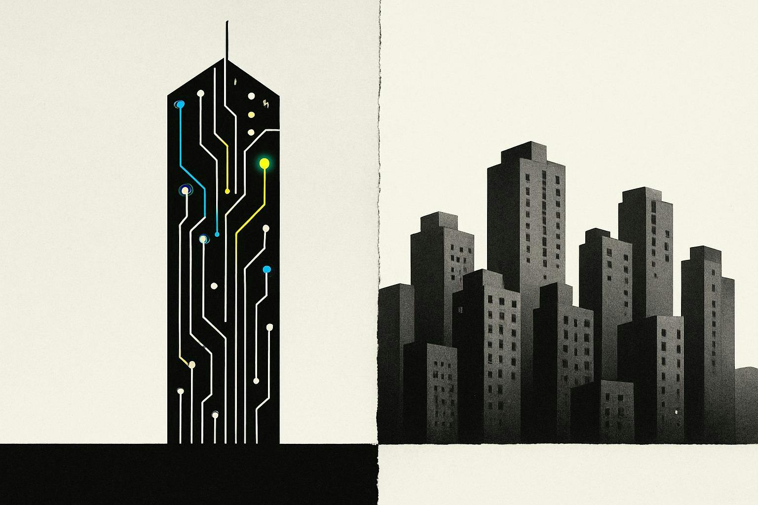 A comparative visual depicting the downward trend in property indices versus the upward trajectory of AI and high-tech stocks.