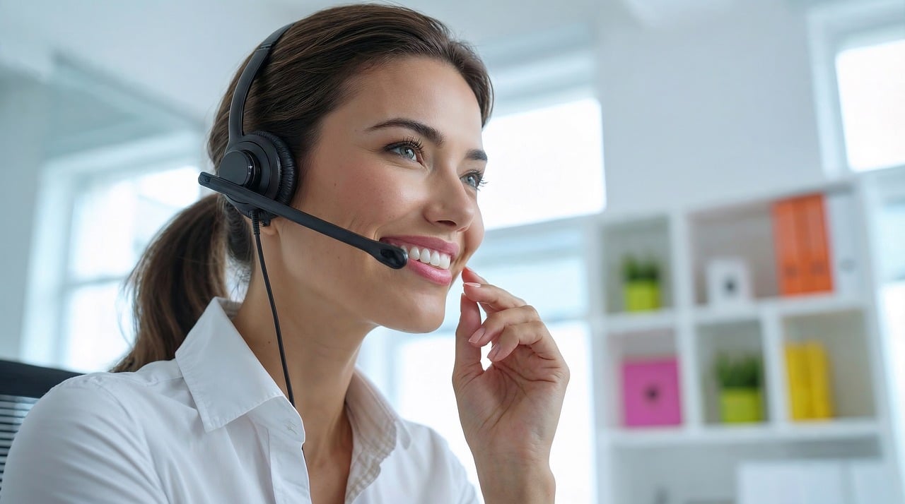 A friendly customer service representative wearing a headset in a modern office environment.