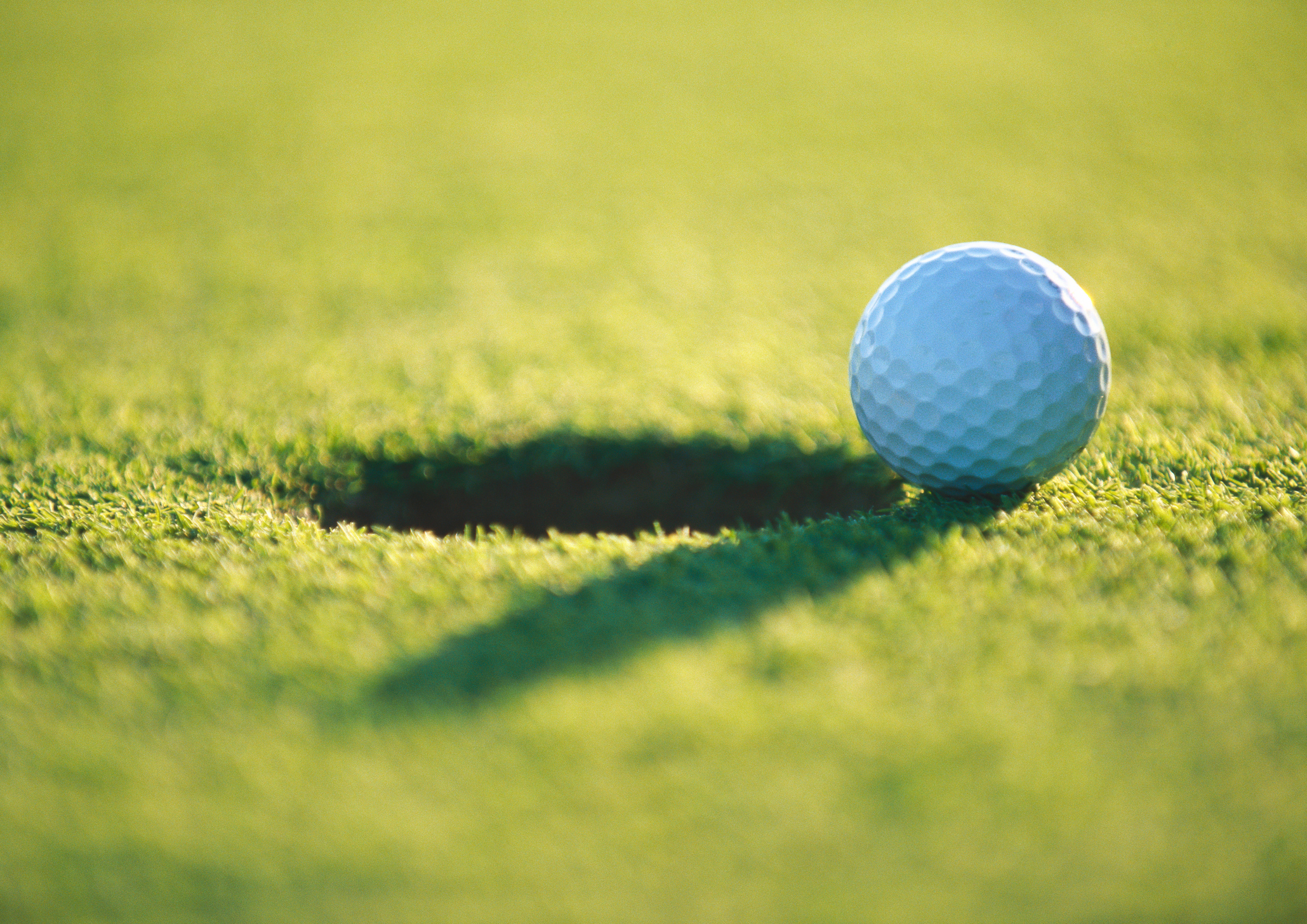 A golf ball resting on the edge of a hole on a green.