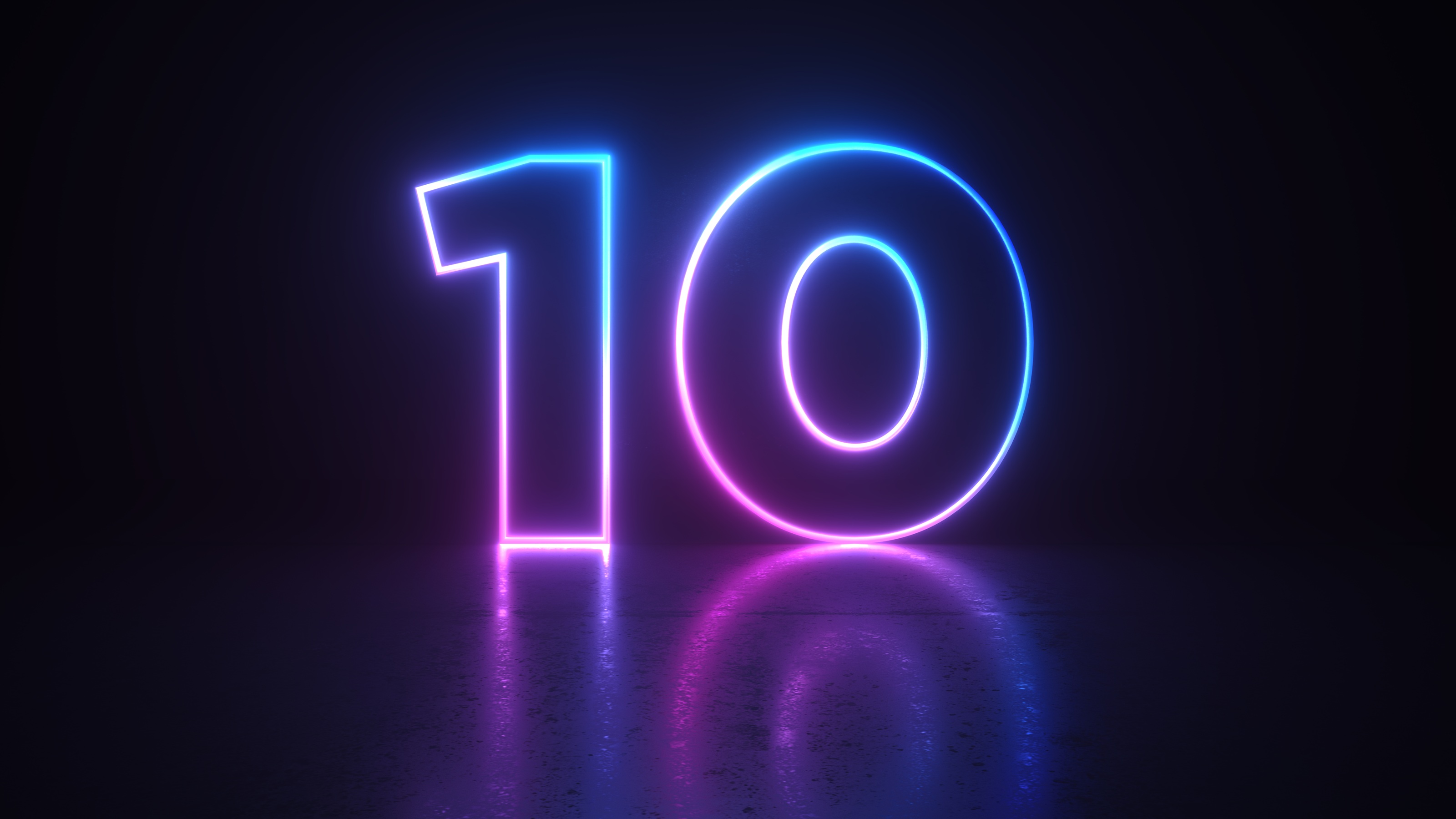 A glowing neon number 10 in blue and pink against a dark background.